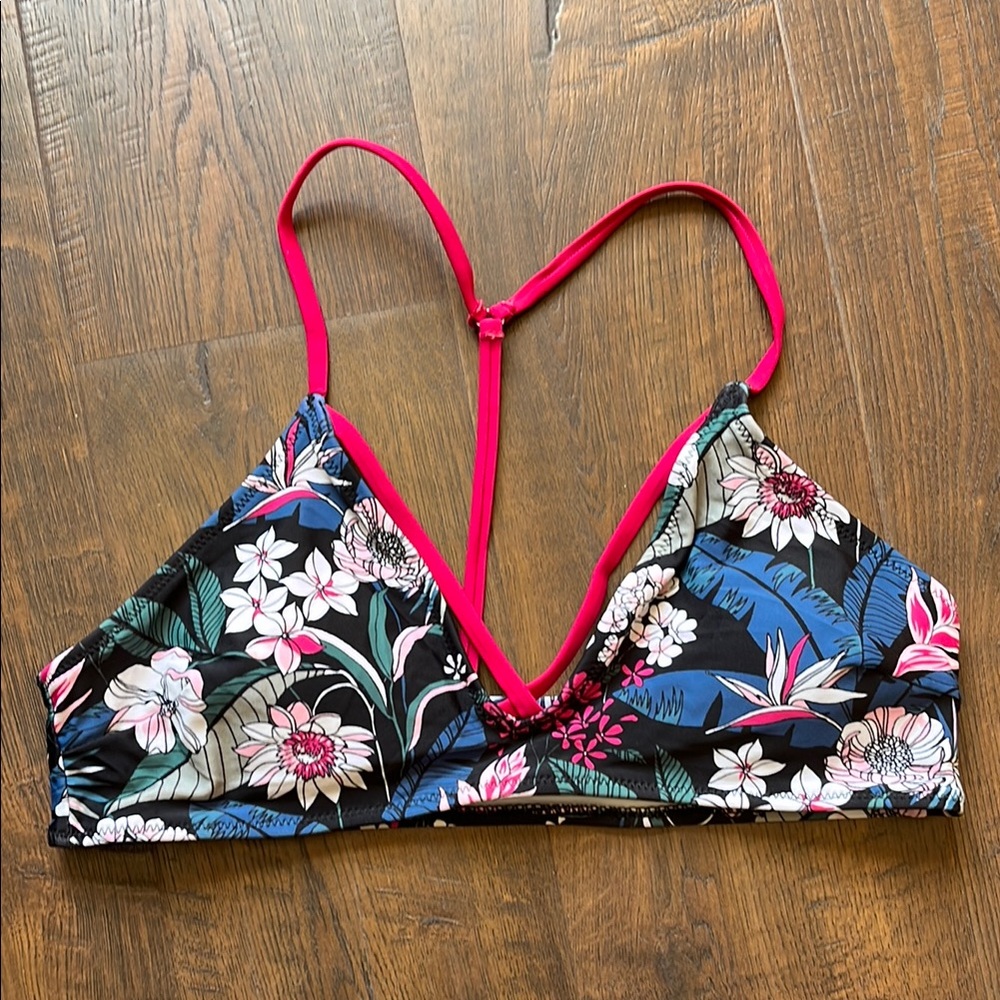 Floral Pink and Black Triangle Bikini Top